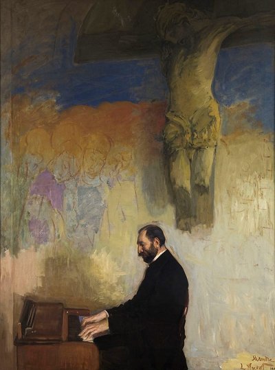 Portret van Feliks Jasieński bij het orgel door Leon Wyczokowski